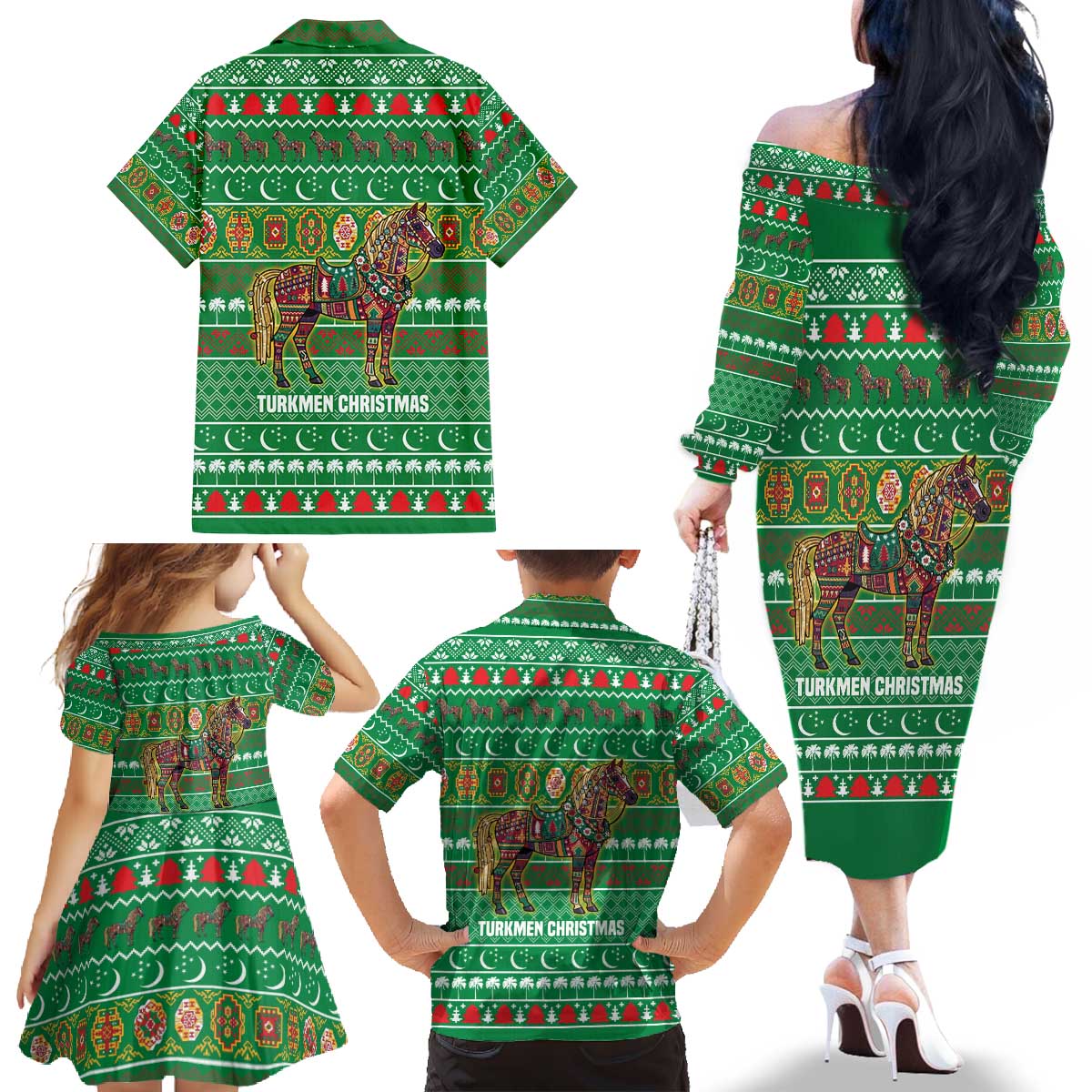Turkmenistan Christmas Family Matching Off The Shoulder Long Sleeve Dress and Hawaiian Shirt with Decorated Horse Crescent Moon Pattern and Traditional Carpet - Wonder Print Shop