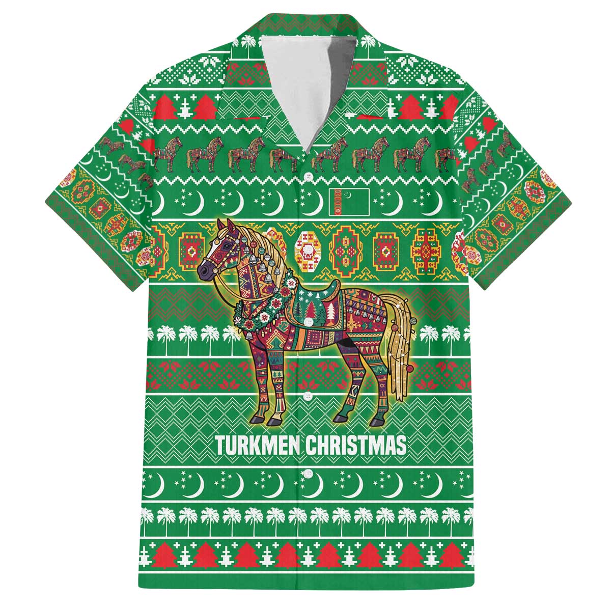 Turkmenistan Christmas Family Matching Off The Shoulder Long Sleeve Dress and Hawaiian Shirt with Decorated Horse Crescent Moon Pattern and Traditional Carpet - Wonder Print Shop