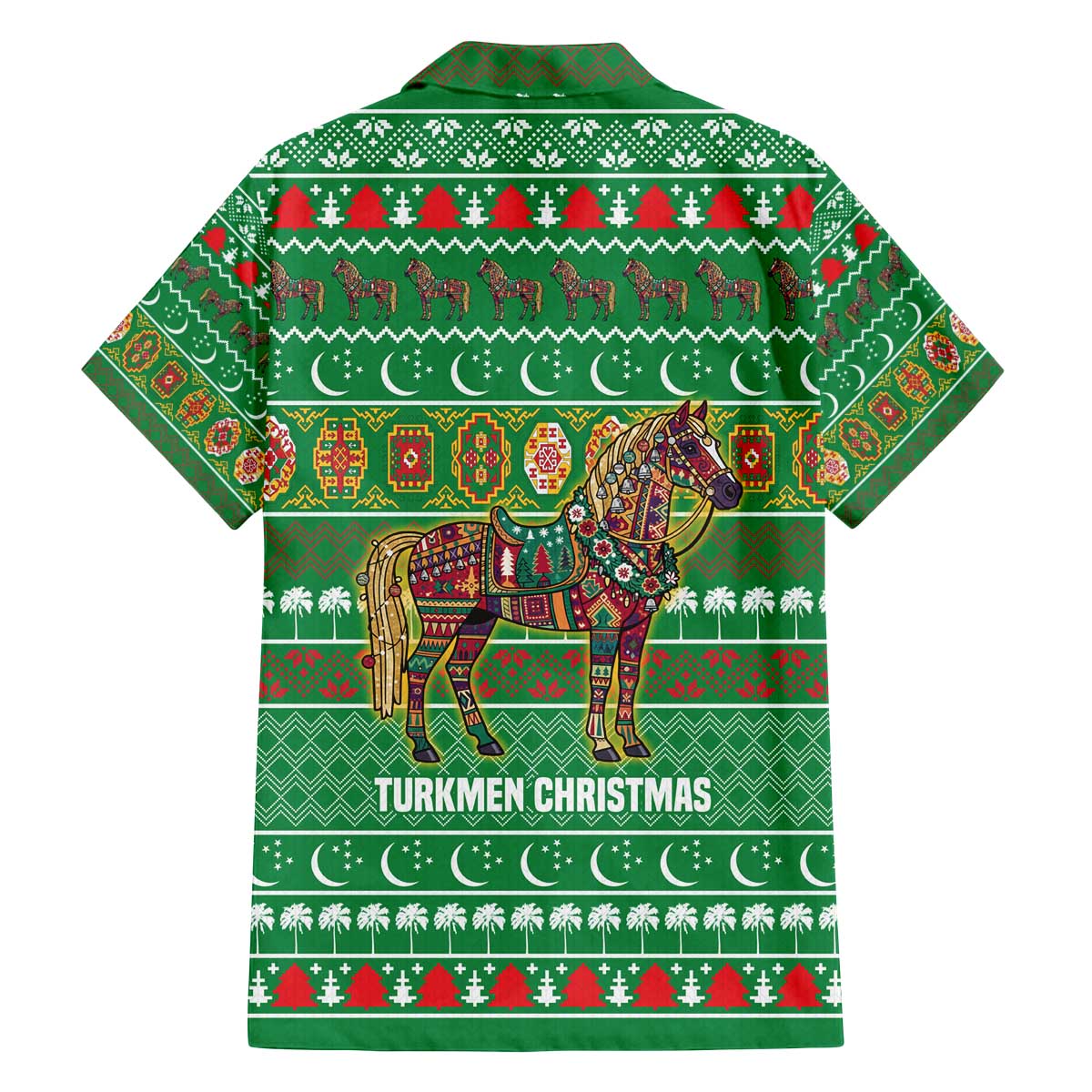 Turkmenistan Christmas Family Matching Off The Shoulder Long Sleeve Dress and Hawaiian Shirt with Decorated Horse Crescent Moon Pattern and Traditional Carpet - Wonder Print Shop