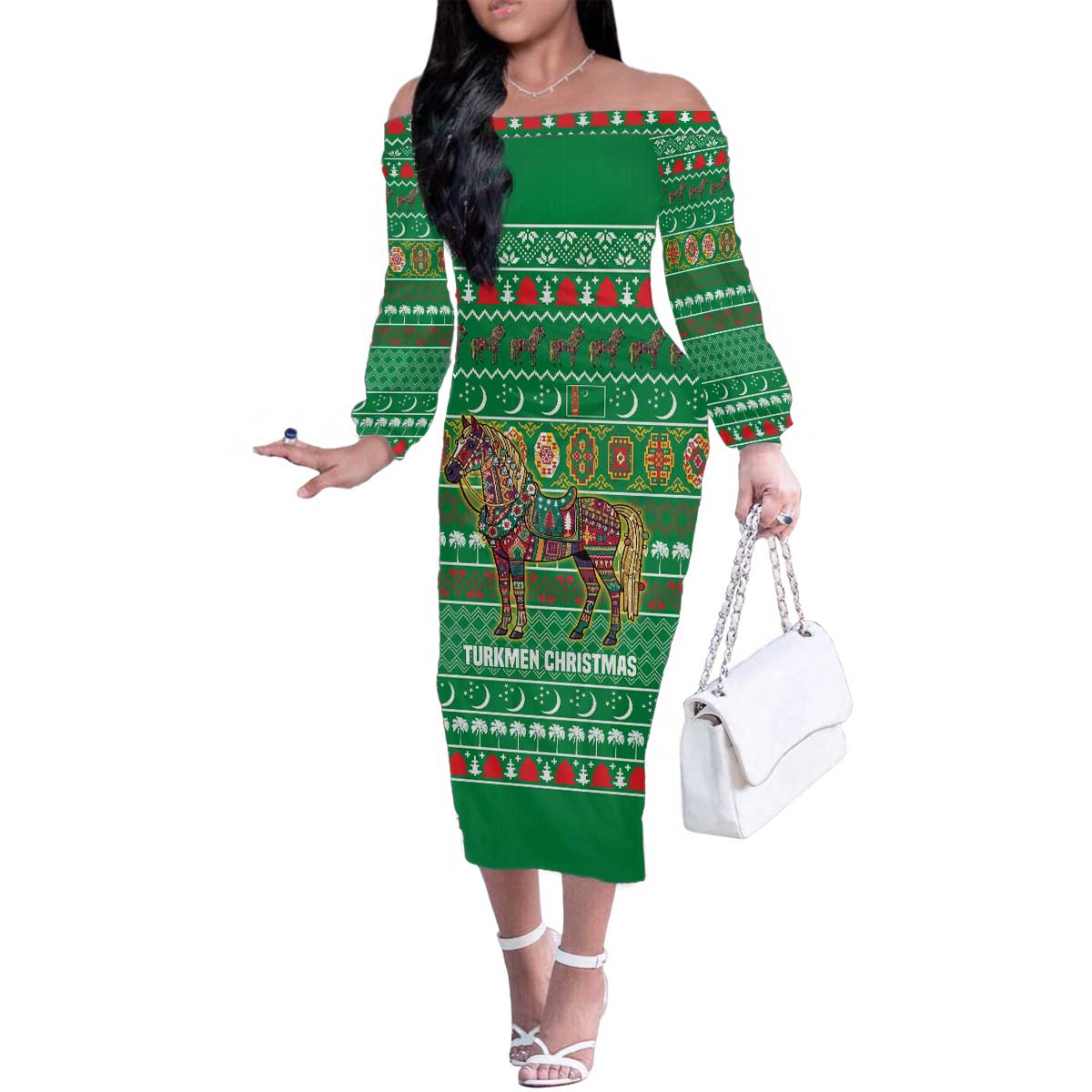 Turkmenistan Christmas Family Matching Off The Shoulder Long Sleeve Dress and Hawaiian Shirt with Decorated Horse Crescent Moon Pattern and Traditional Carpet - Wonder Print Shop