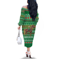 Turkmenistan Christmas Family Matching Off The Shoulder Long Sleeve Dress and Hawaiian Shirt with Decorated Horse Crescent Moon Pattern and Traditional Carpet - Wonder Print Shop