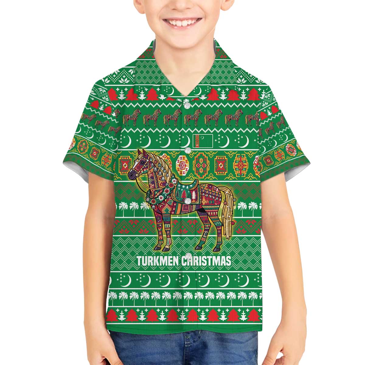 Turkmenistan Christmas Family Matching Off The Shoulder Long Sleeve Dress and Hawaiian Shirt with Decorated Horse Crescent Moon Pattern and Traditional Carpet - Wonder Print Shop