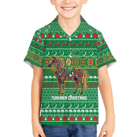 Turkmenistan Christmas Family Matching Off The Shoulder Long Sleeve Dress and Hawaiian Shirt with Decorated Horse Crescent Moon Pattern and Traditional Carpet - Wonder Print Shop