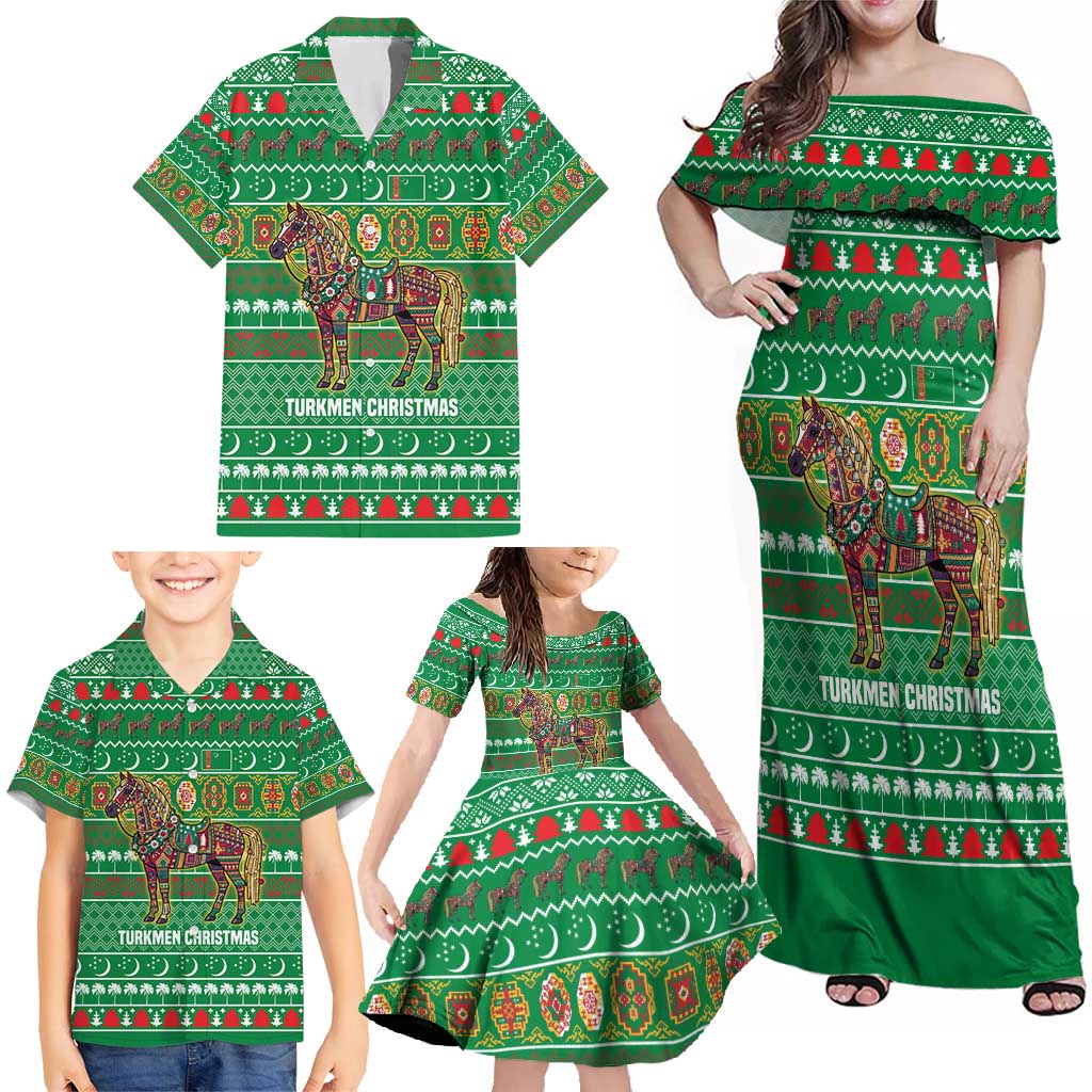 Turkmenistan Christmas Family Matching Off Shoulder Maxi Dress and Hawaiian Shirt with Decorated Horse Crescent Moon Pattern and Traditional Carpet - Wonder Print Shop