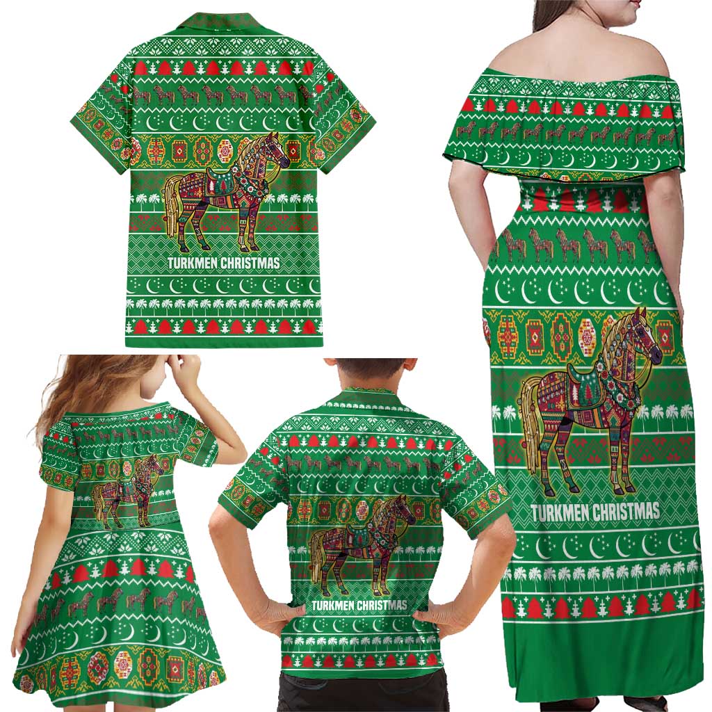 Turkmenistan Christmas Family Matching Off Shoulder Maxi Dress and Hawaiian Shirt with Decorated Horse Crescent Moon Pattern and Traditional Carpet - Wonder Print Shop