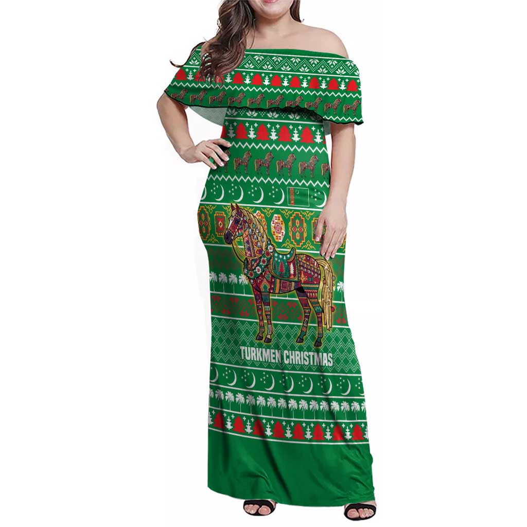 Turkmenistan Christmas Family Matching Off Shoulder Maxi Dress and Hawaiian Shirt with Decorated Horse Crescent Moon Pattern and Traditional Carpet - Wonder Print Shop