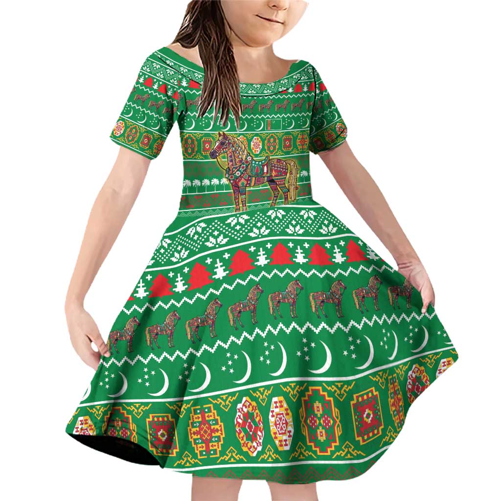 Turkmenistan Christmas Family Matching Off Shoulder Short Dress and Hawaiian Shirt with Decorated Horse Crescent Moon Pattern and Traditional Carpet - Wonder Print Shop