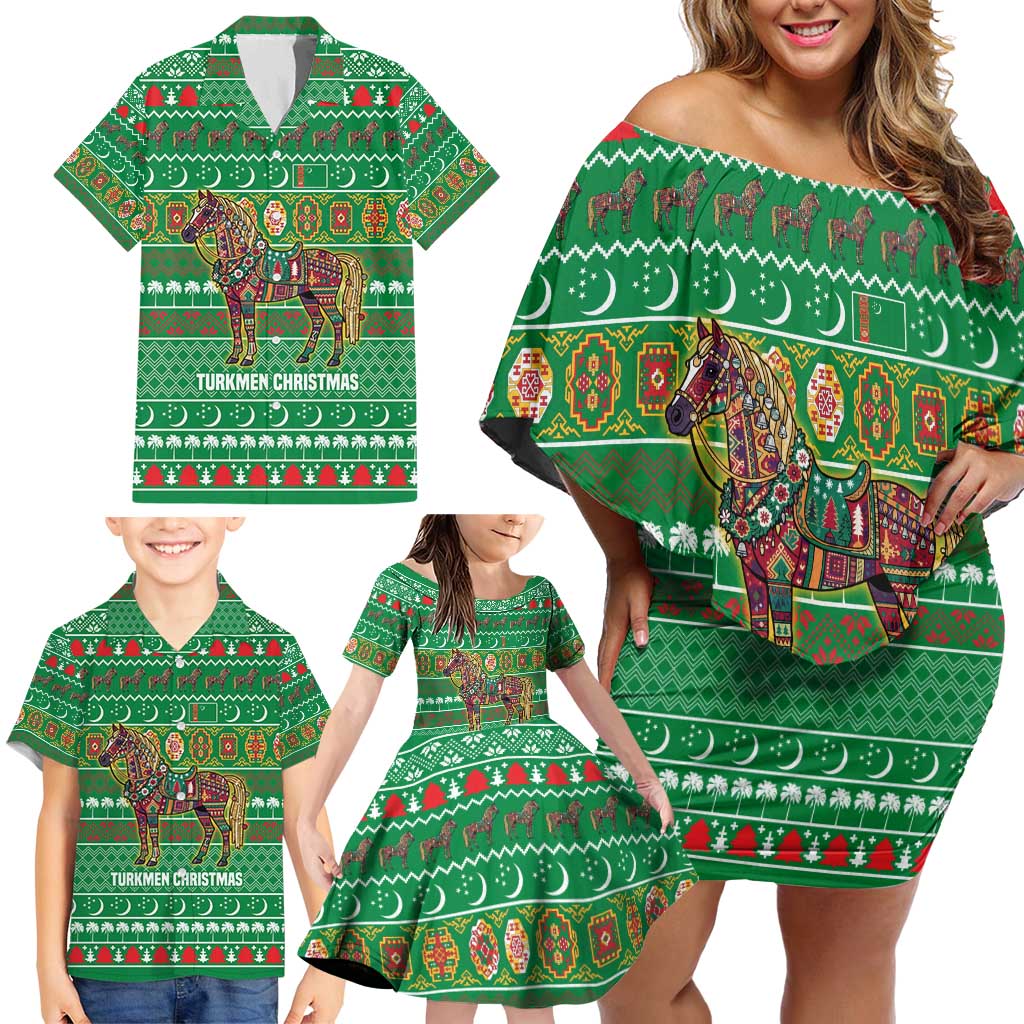 Turkmenistan Christmas Family Matching Off Shoulder Short Dress and Hawaiian Shirt with Decorated Horse Crescent Moon Pattern and Traditional Carpet - Wonder Print Shop