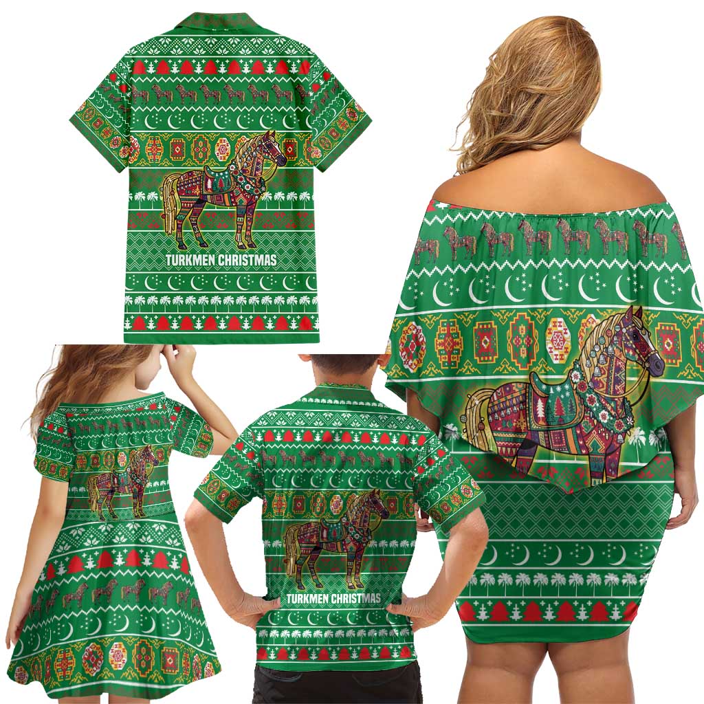 Turkmenistan Christmas Family Matching Off Shoulder Short Dress and Hawaiian Shirt with Decorated Horse Crescent Moon Pattern and Traditional Carpet - Wonder Print Shop