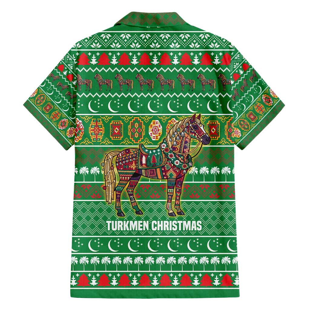 Turkmenistan Christmas Family Matching Off Shoulder Short Dress and Hawaiian Shirt with Decorated Horse Crescent Moon Pattern and Traditional Carpet - Wonder Print Shop
