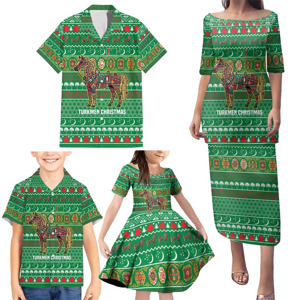 Turkmenistan Christmas Family Matching Puletasi and Hawaiian Shirt with Decorated Horse Crescent Moon Pattern and Traditional Carpet - Wonder Print Shop