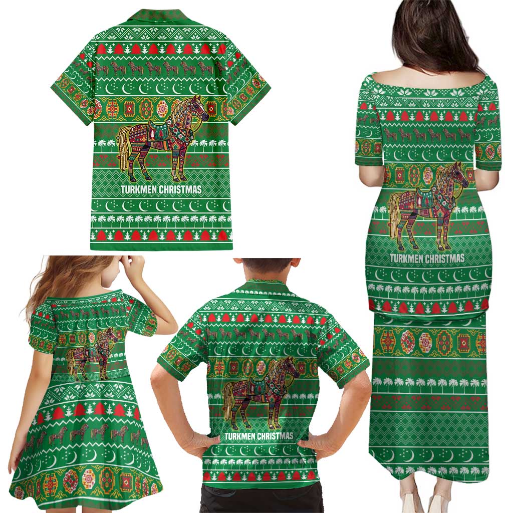 Turkmenistan Christmas Family Matching Puletasi and Hawaiian Shirt with Decorated Horse Crescent Moon Pattern and Traditional Carpet - Wonder Print Shop