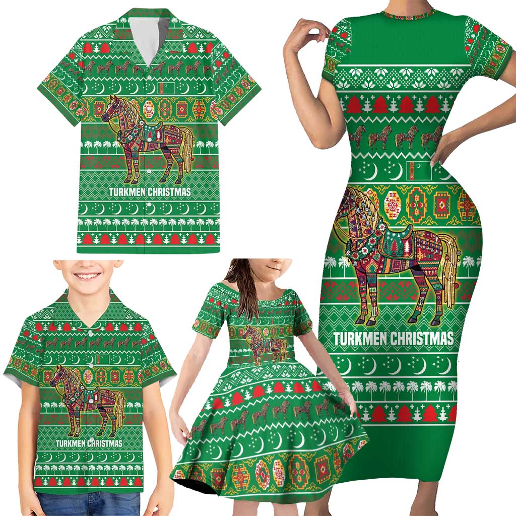 Turkmenistan Christmas Family Matching Short Sleeve Bodycon Dress and Hawaiian Shirt with Decorated Horse Crescent Moon Pattern and Traditional Carpet - Wonder Print Shop