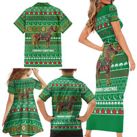 Turkmenistan Christmas Family Matching Short Sleeve Bodycon Dress and Hawaiian Shirt with Decorated Horse Crescent Moon Pattern and Traditional Carpet - Wonder Print Shop