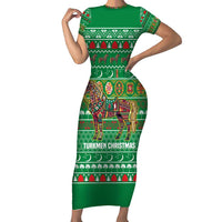 Turkmenistan Christmas Family Matching Short Sleeve Bodycon Dress and Hawaiian Shirt with Decorated Horse Crescent Moon Pattern and Traditional Carpet - Wonder Print Shop