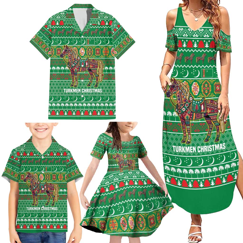 Turkmenistan Christmas Family Matching Summer Maxi Dress and Hawaiian Shirt with Decorated Horse Crescent Moon Pattern and Traditional Carpet - Wonder Print Shop