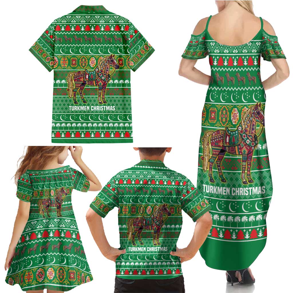 Turkmenistan Christmas Family Matching Summer Maxi Dress and Hawaiian Shirt with Decorated Horse Crescent Moon Pattern and Traditional Carpet - Wonder Print Shop