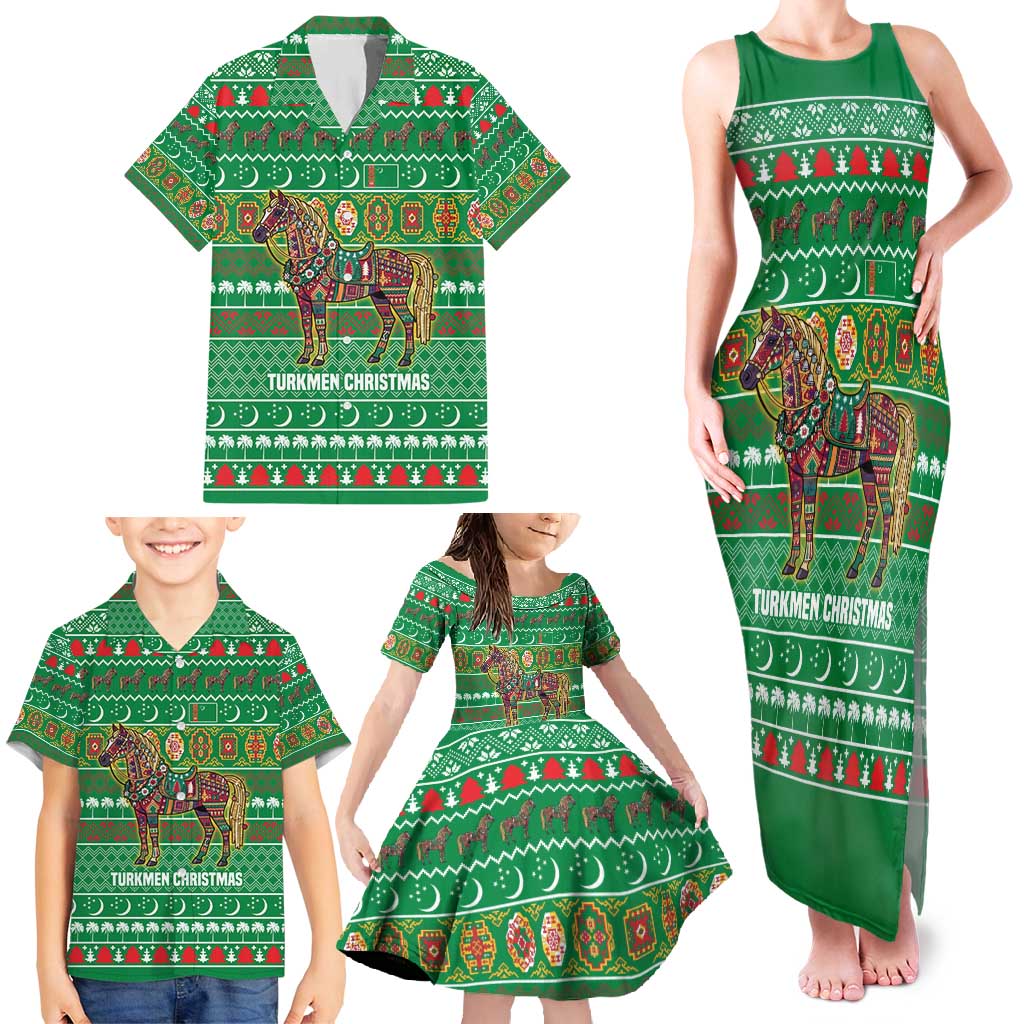 Turkmenistan Christmas Family Matching Tank Maxi Dress and Hawaiian Shirt with Decorated Horse Crescent Moon Pattern and Traditional Carpet - Wonder Print Shop