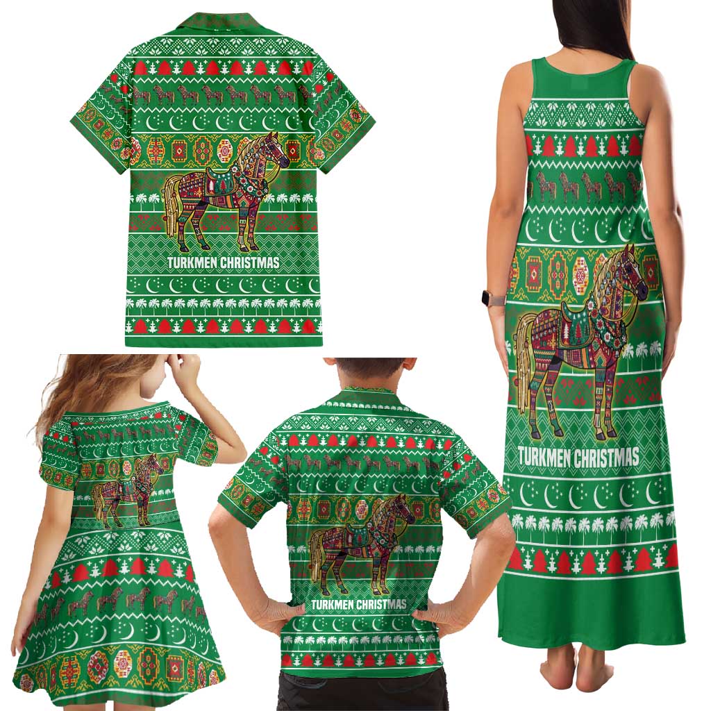 Turkmenistan Christmas Family Matching Tank Maxi Dress and Hawaiian Shirt with Decorated Horse Crescent Moon Pattern and Traditional Carpet - Wonder Print Shop