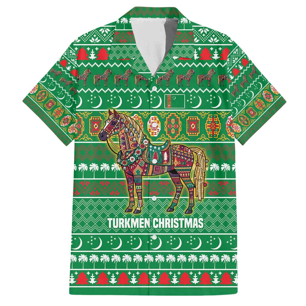 Turkmenistan Christmas Family Matching Tank Maxi Dress and Hawaiian Shirt with Decorated Horse Crescent Moon Pattern and Traditional Carpet - Wonder Print Shop