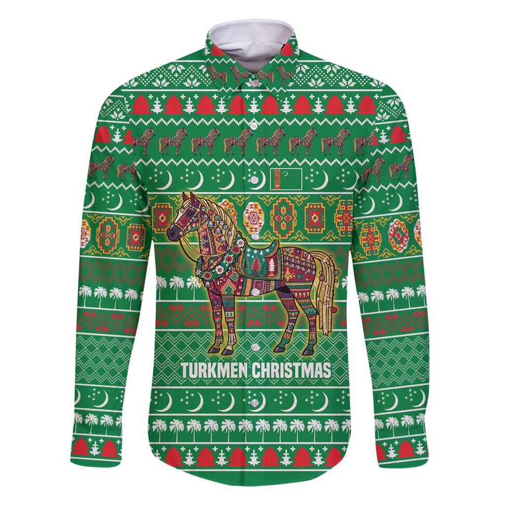 Turkmenistan Christmas Family Matching Tank Maxi Dress and Hawaiian Shirt with Decorated Horse Crescent Moon Pattern and Traditional Carpet - Wonder Print Shop