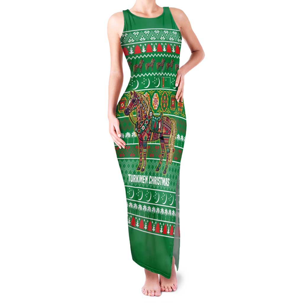 Turkmenistan Christmas Family Matching Tank Maxi Dress and Hawaiian Shirt with Decorated Horse Crescent Moon Pattern and Traditional Carpet - Wonder Print Shop
