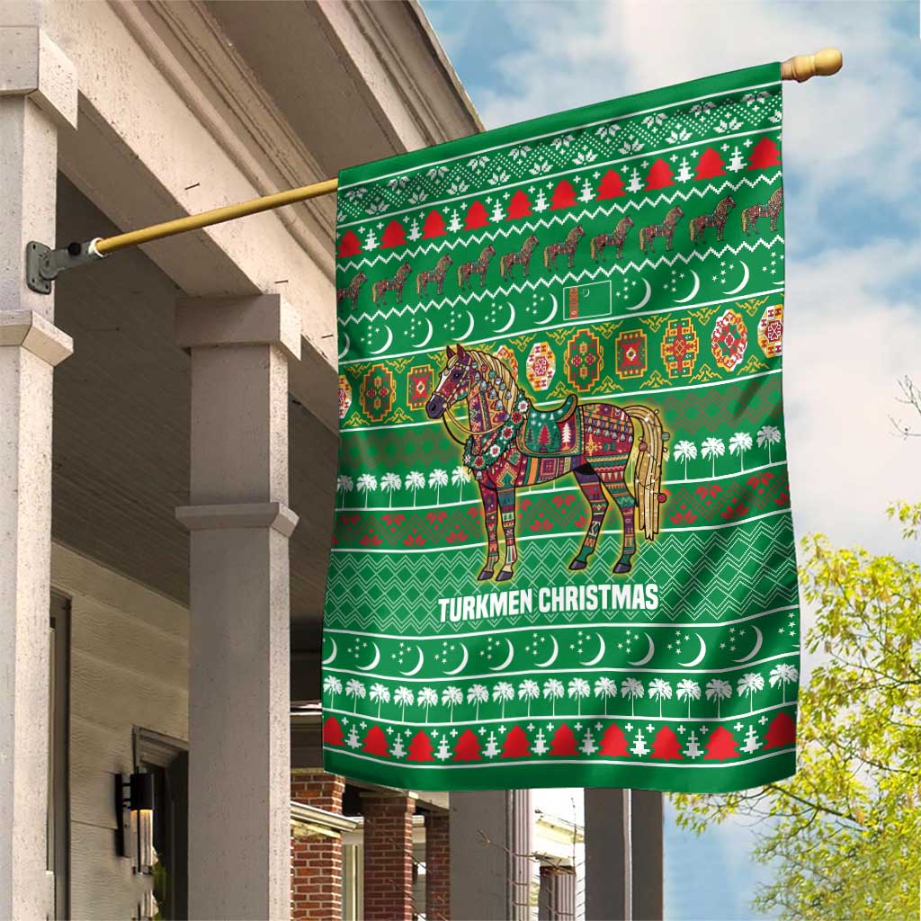 Turkmenistan Christmas Garden Flag with Decorated Horse Crescent Moon Pattern and Traditional Carpet - Wonder Print Shop