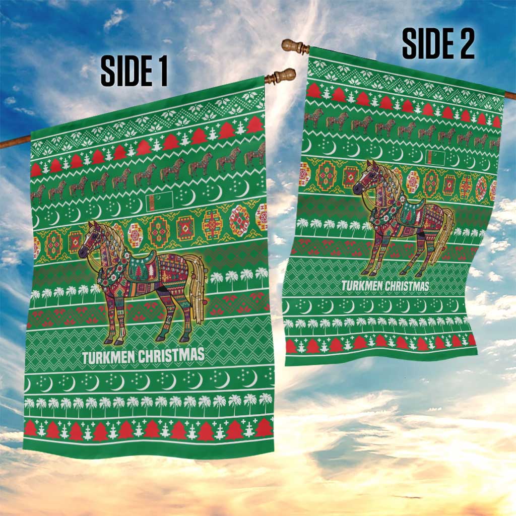 Turkmenistan Christmas Garden Flag with Decorated Horse Crescent Moon Pattern and Traditional Carpet - Wonder Print Shop