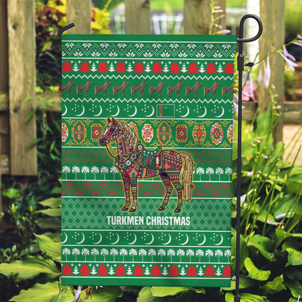 Turkmenistan Christmas Garden Flag with Decorated Horse Crescent Moon Pattern and Traditional Carpet - Wonder Print Shop
