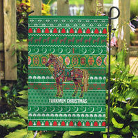 Turkmenistan Christmas Garden Flag with Decorated Horse Crescent Moon Pattern and Traditional Carpet - Wonder Print Shop
