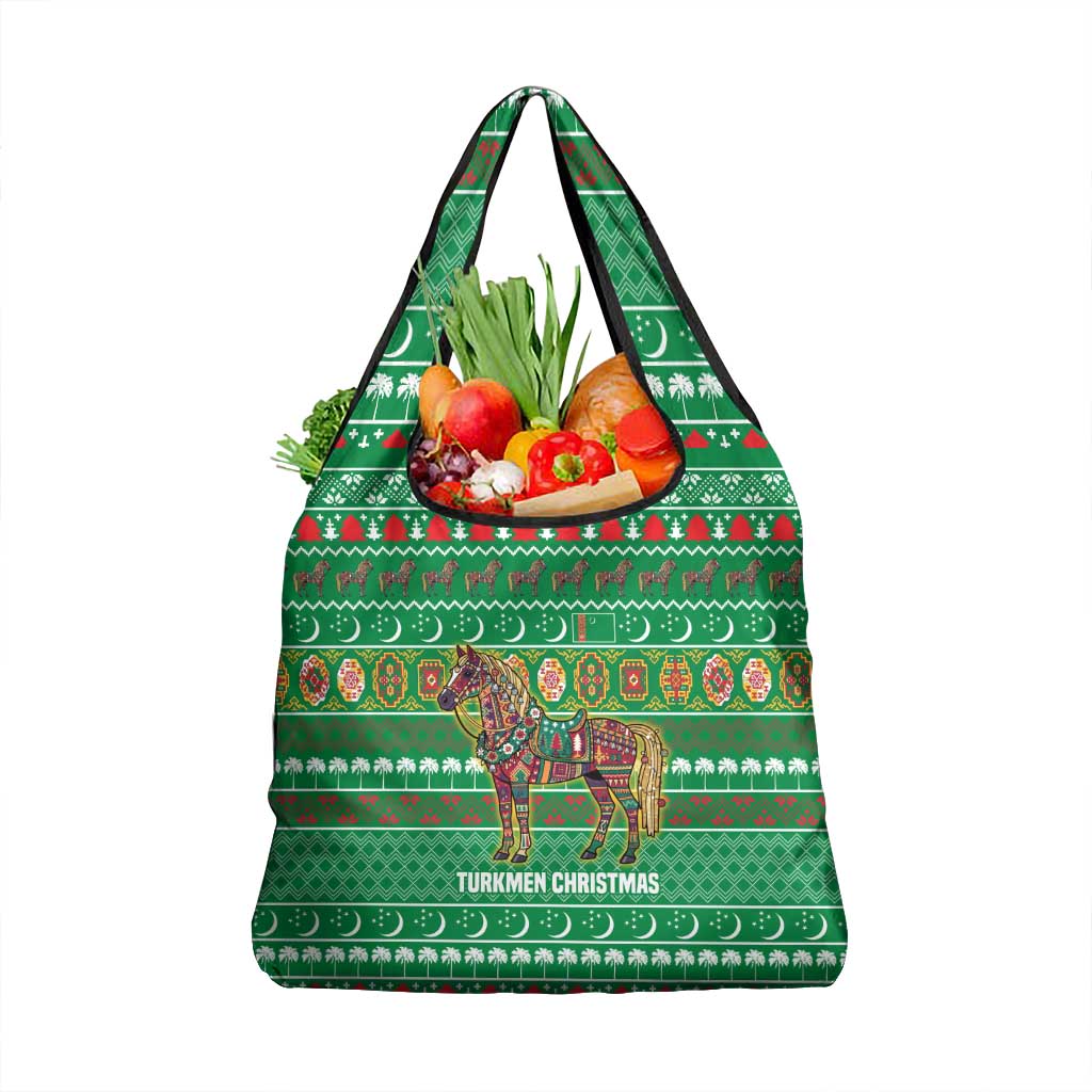 Turkmenistan Christmas Grocery Bag with Decorated Horse Crescent Moon Pattern and Traditional Carpet - Wonder Print Shop