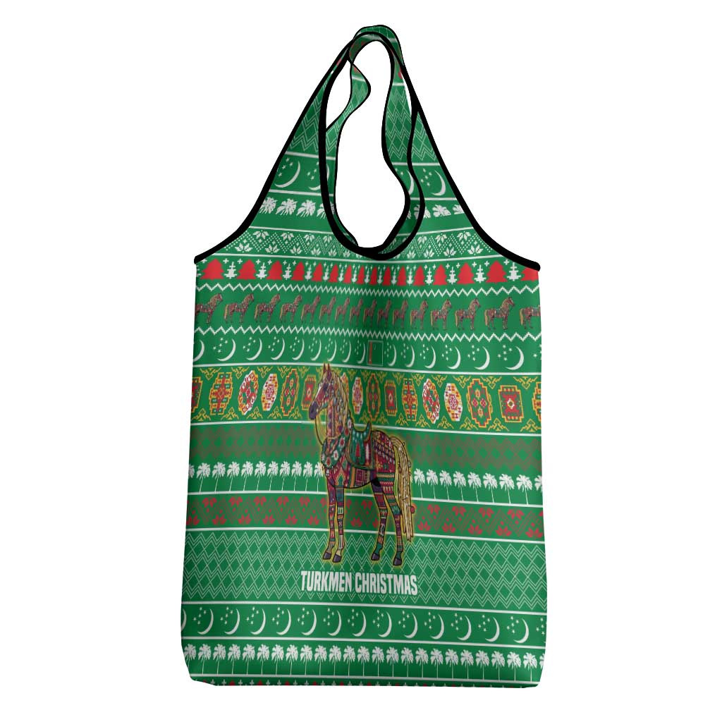 Turkmenistan Christmas Grocery Bag with Decorated Horse Crescent Moon Pattern and Traditional Carpet - Wonder Print Shop