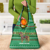 Turkmenistan Christmas Grocery Bag with Decorated Horse Crescent Moon Pattern and Traditional Carpet - Wonder Print Shop