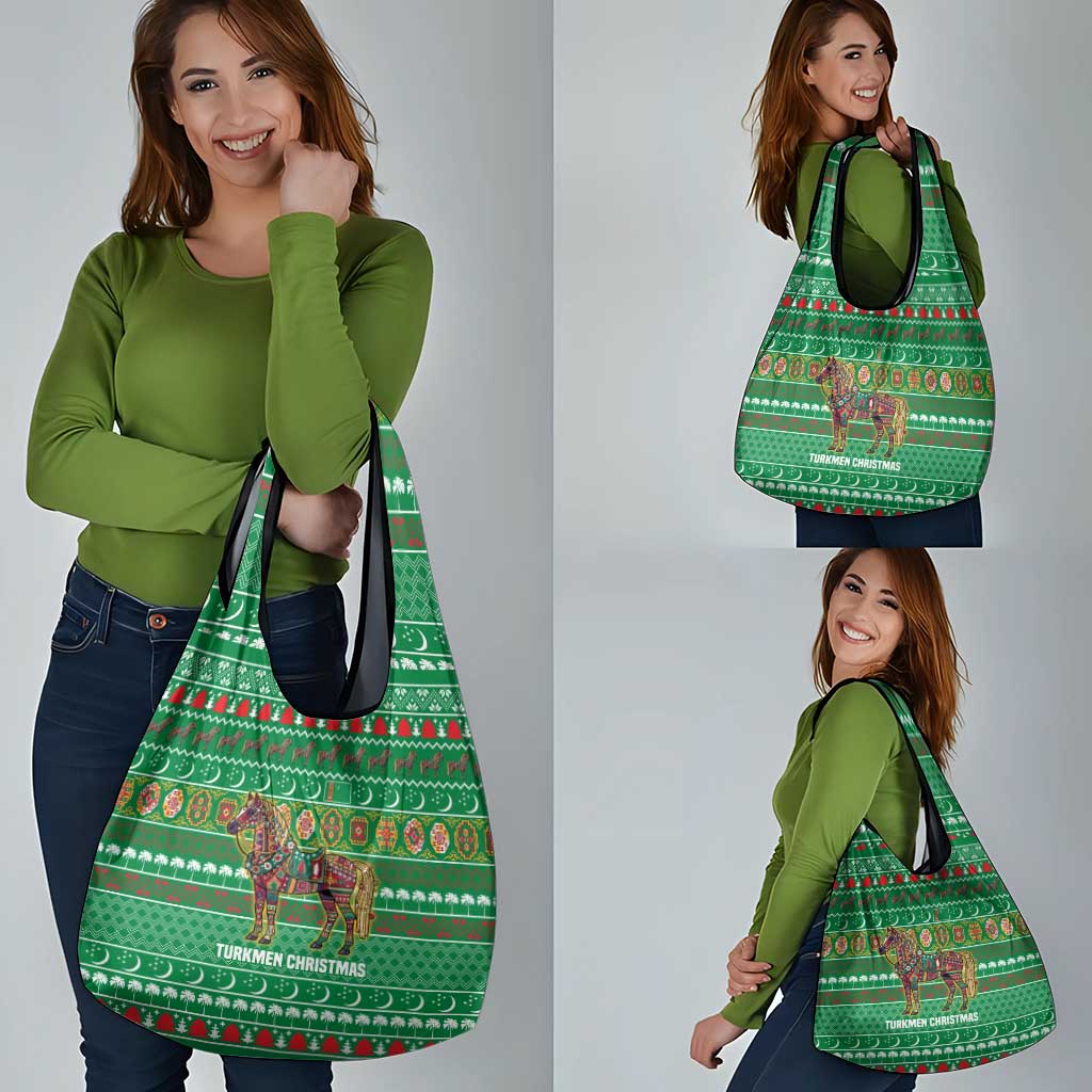 Turkmenistan Christmas Grocery Bag with Decorated Horse Crescent Moon Pattern and Traditional Carpet - Wonder Print Shop