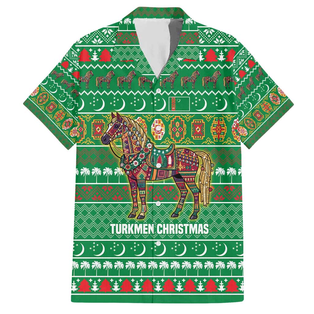 Turkmenistan Christmas Hawaiian Shirt with Decorated Horse Crescent Moon Pattern and Traditional Carpet - Wonder Print Shop