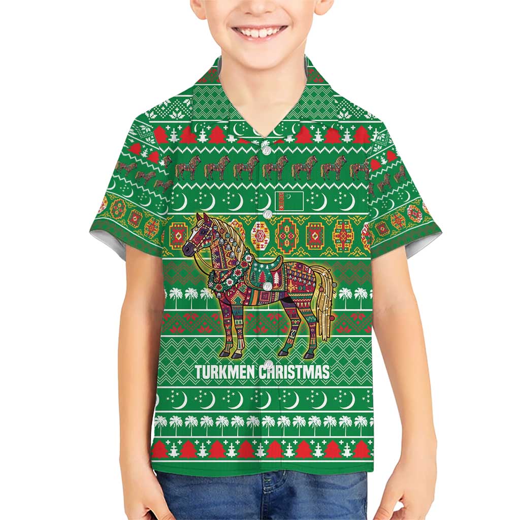 Turkmenistan Christmas Hawaiian Shirt with Decorated Horse Crescent Moon Pattern and Traditional Carpet - Wonder Print Shop