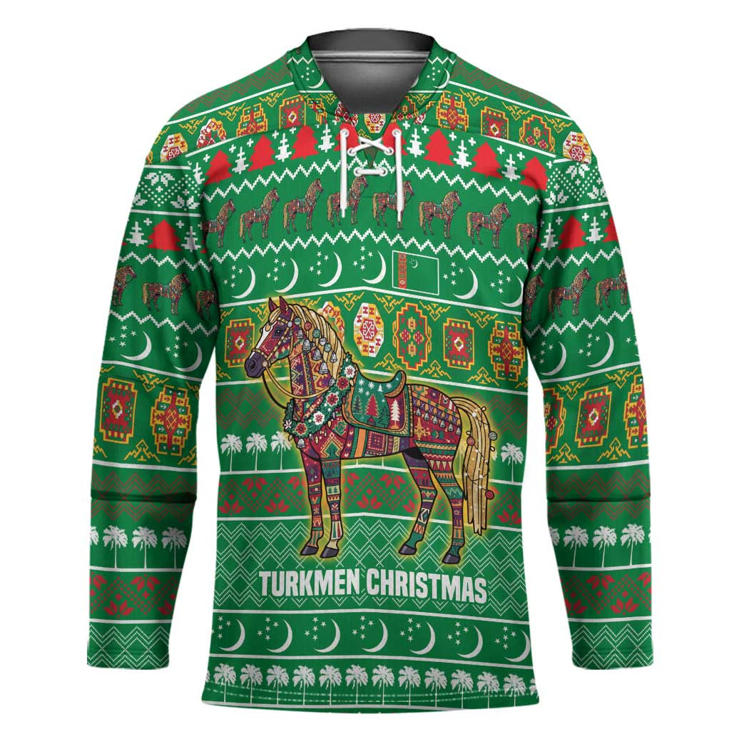 Turkmenistan Christmas Hockey Jersey with Decorated Horse Crescent Moon Pattern and Traditional Carpet - Wonder Print Shop