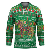 Turkmenistan Christmas Hockey Jersey with Decorated Horse Crescent Moon Pattern and Traditional Carpet - Wonder Print Shop