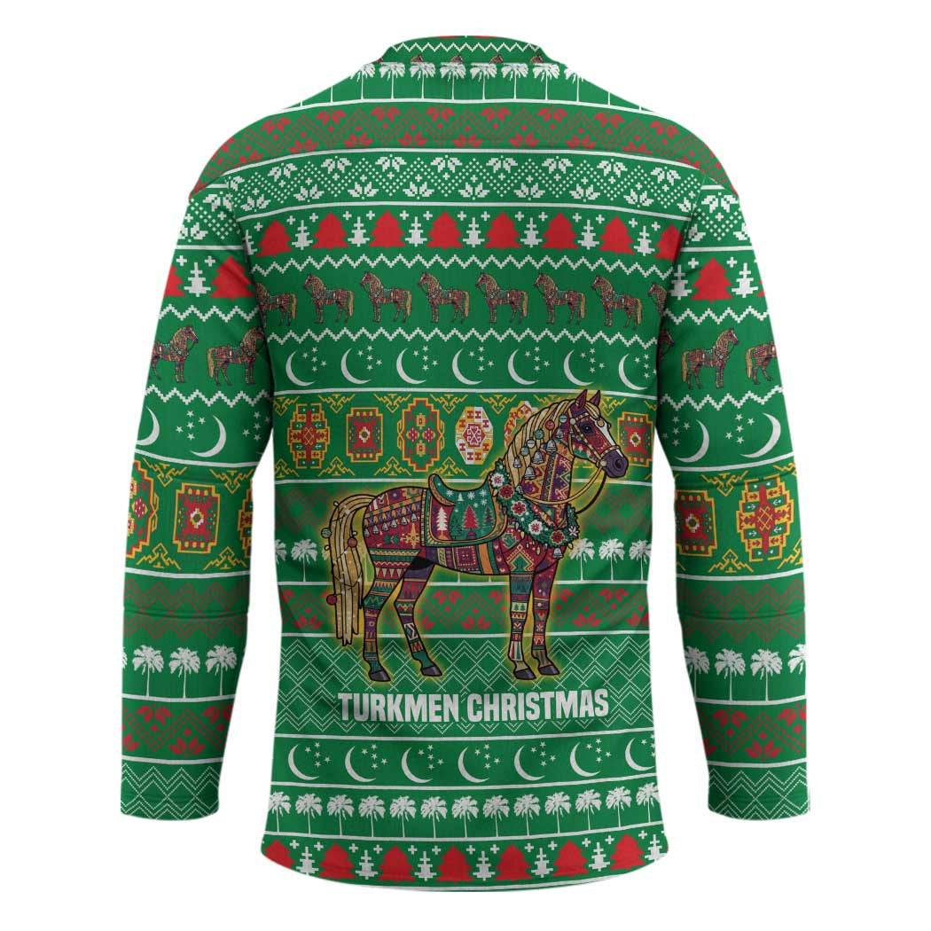 Turkmenistan Christmas Hockey Jersey with Decorated Horse Crescent Moon Pattern and Traditional Carpet - Wonder Print Shop