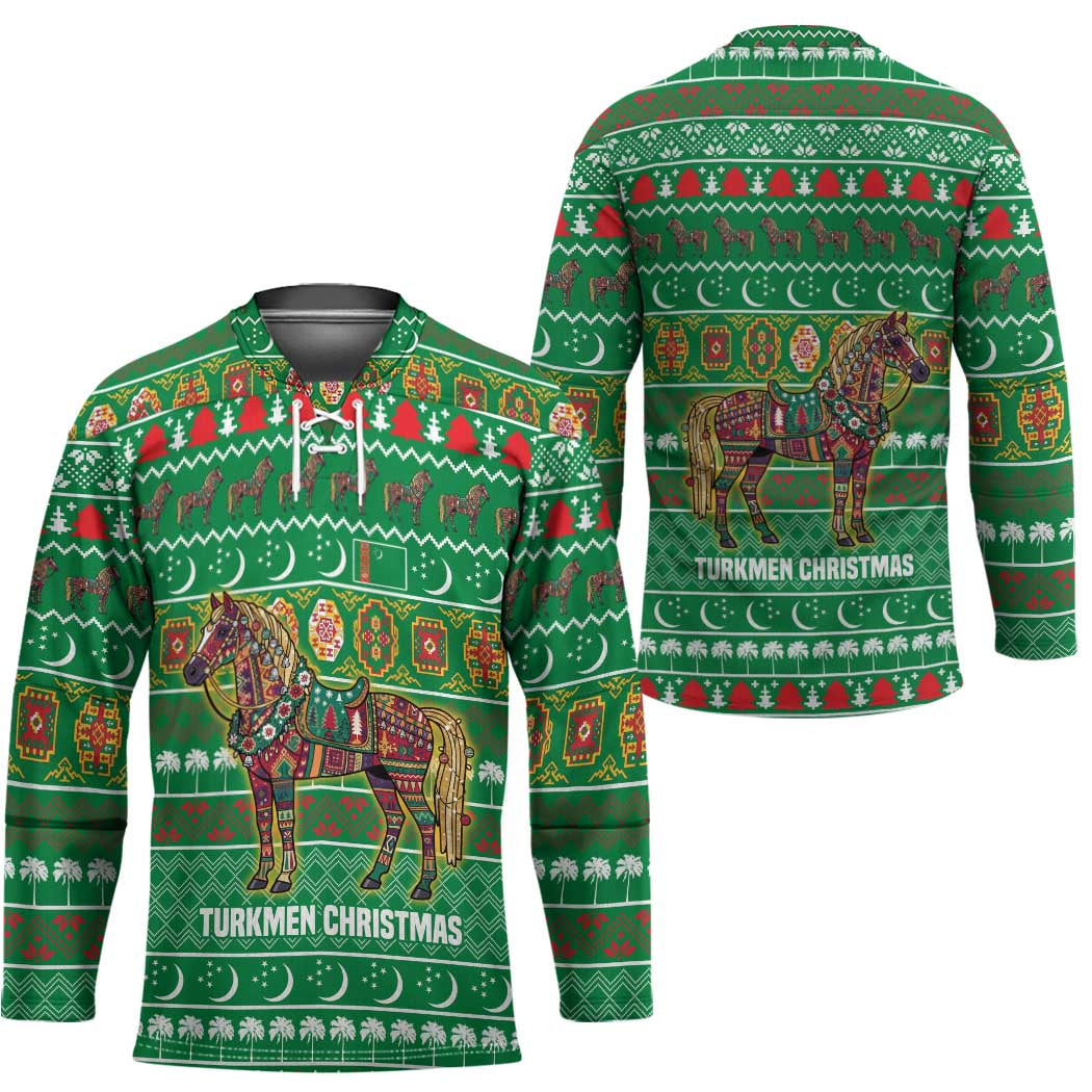 Turkmenistan Christmas Hockey Jersey with Decorated Horse Crescent Moon Pattern and Traditional Carpet - Wonder Print Shop