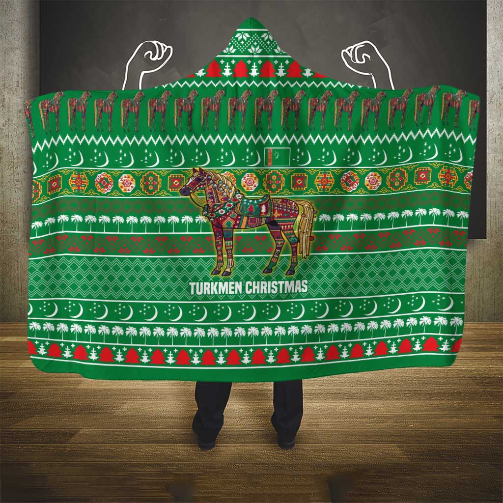 Turkmenistan Christmas Hooded Blanket with Decorated Horse Crescent Moon Pattern and Traditional Carpet - Wonder Print Shop