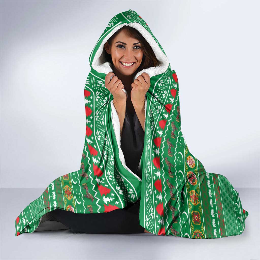 Turkmenistan Christmas Hooded Blanket with Decorated Horse Crescent Moon Pattern and Traditional Carpet - Wonder Print Shop