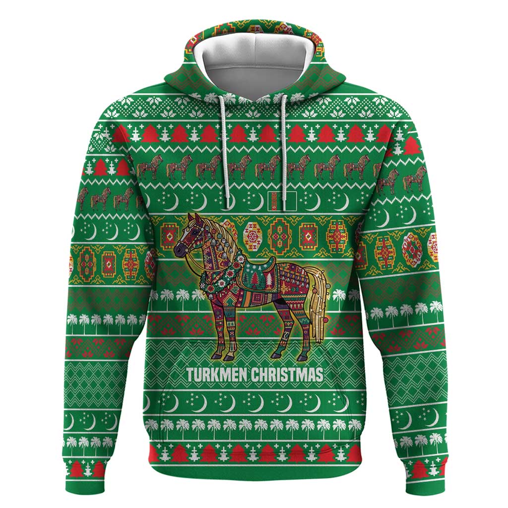 Turkmenistan Christmas Hoodie with Decorated Horse Crescent Moon Pattern and Traditional Carpet - Wonder Print Shop