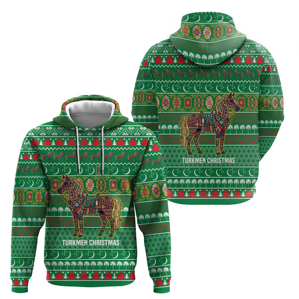 Turkmenistan Christmas Hoodie with Decorated Horse Crescent Moon Pattern and Traditional Carpet - Wonder Print Shop