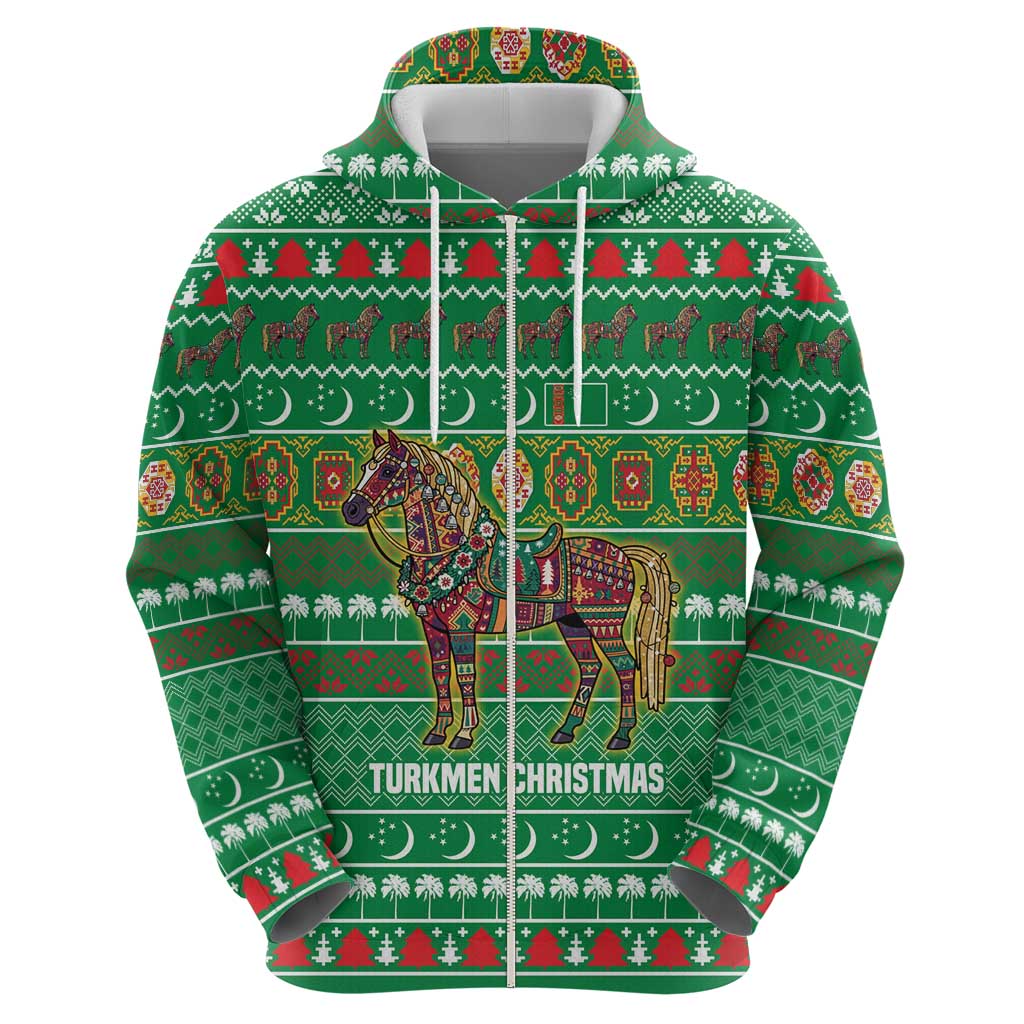 Turkmenistan Christmas Hoodie with Decorated Horse Crescent Moon Pattern and Traditional Carpet - Wonder Print Shop