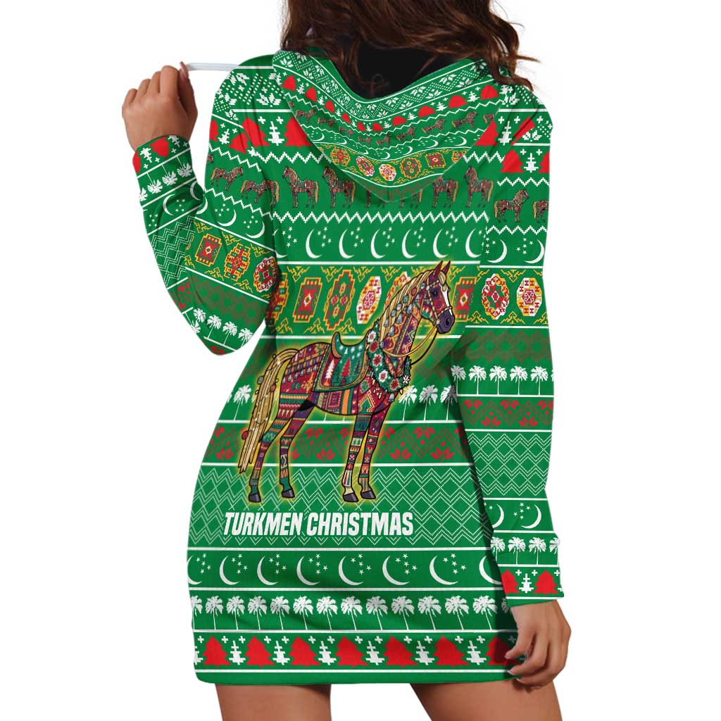 Turkmenistan Christmas Hoodie Dress with Decorated Horse Crescent Moon Pattern and Traditional Carpet - Wonder Print Shop