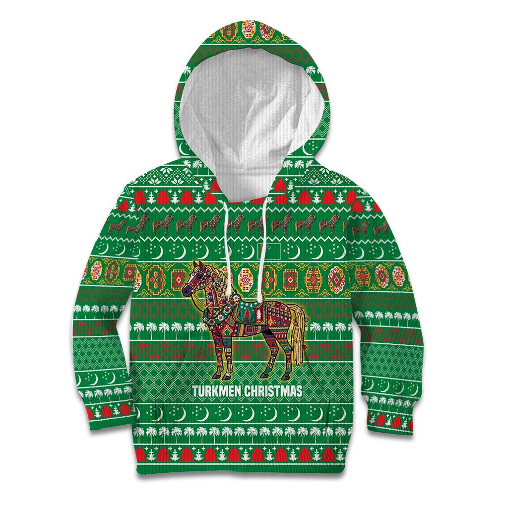 Turkmenistan Christmas Kid Hoodie with Decorated Horse Crescent Moon Pattern and Traditional Carpet - Wonder Print Shop