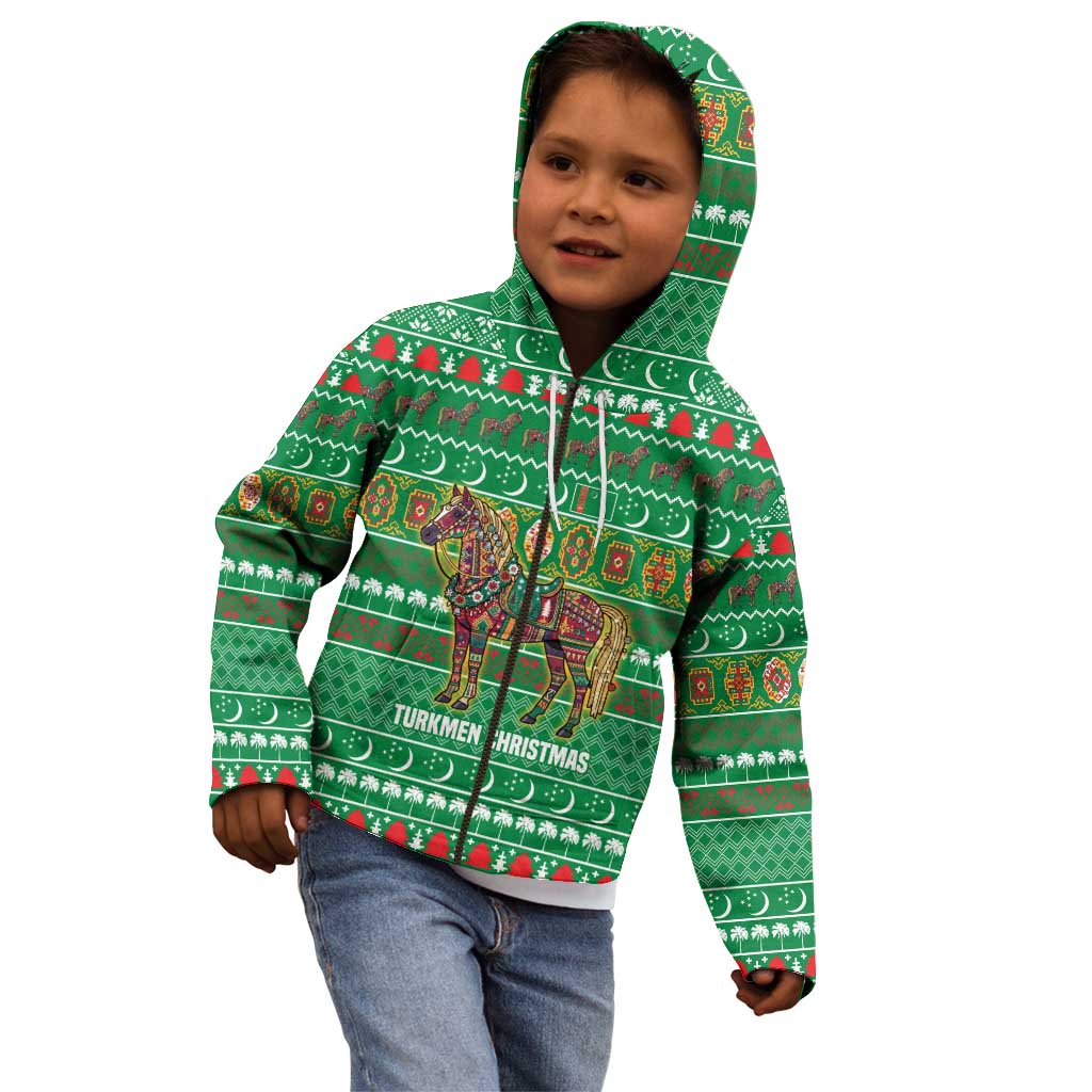 Turkmenistan Christmas Kid Hoodie with Decorated Horse Crescent Moon Pattern and Traditional Carpet - Wonder Print Shop
