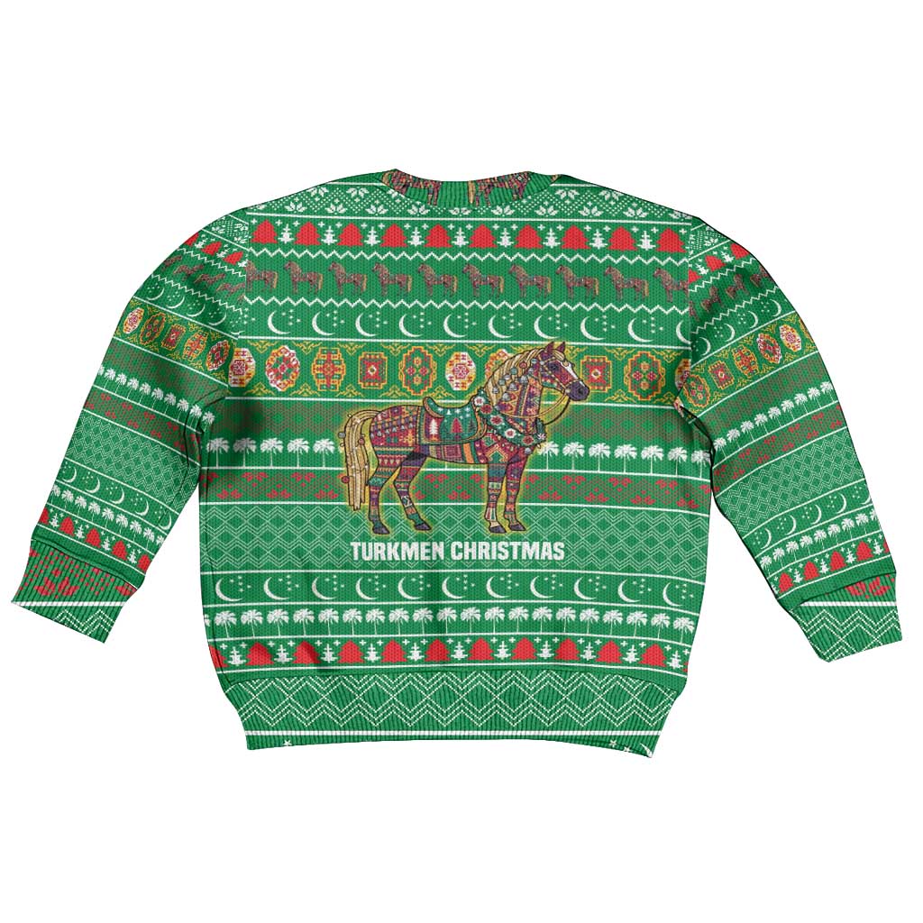 Turkmenistan Christmas Kid Ugly Christmas Sweater with Decorated Horse Crescent Moon Pattern and Traditional Carpet - Wonder Print Shop