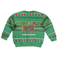 Turkmenistan Christmas Kid Ugly Christmas Sweater with Decorated Horse Crescent Moon Pattern and Traditional Carpet - Wonder Print Shop